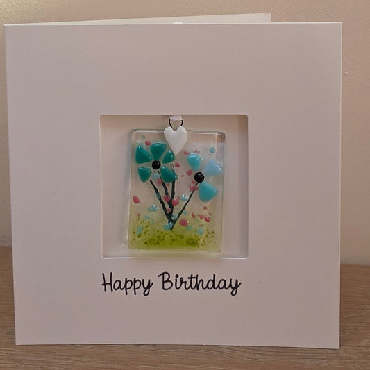 Happy Birthday card with handmade gift glass floral suncatcher -Blues rectangle