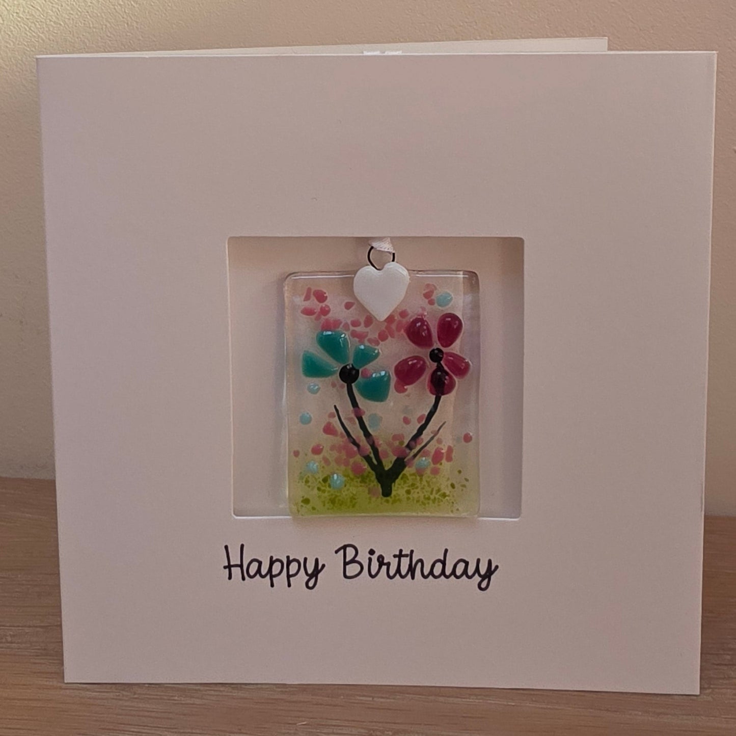 Happy Birthday card with handmade gift glass floral suncatcher -Pink Blue rectangle