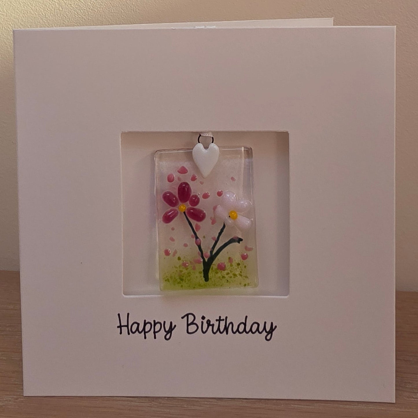 Happy Birthday card with handmade gift glass floral suncatcher -Pinks rectangle 1