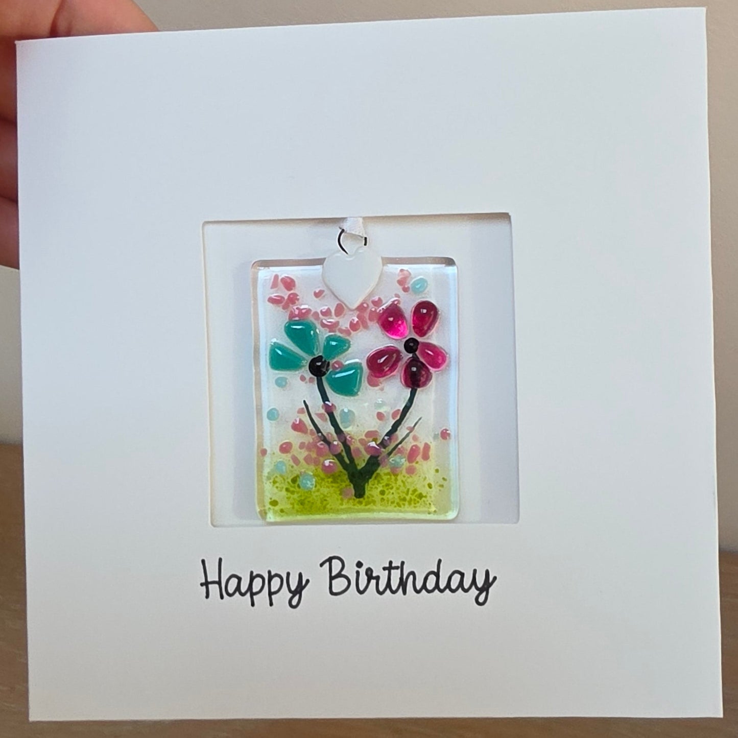 Happy Birthday card with handmade gift glass floral suncatcher -Pink Blue rectangle