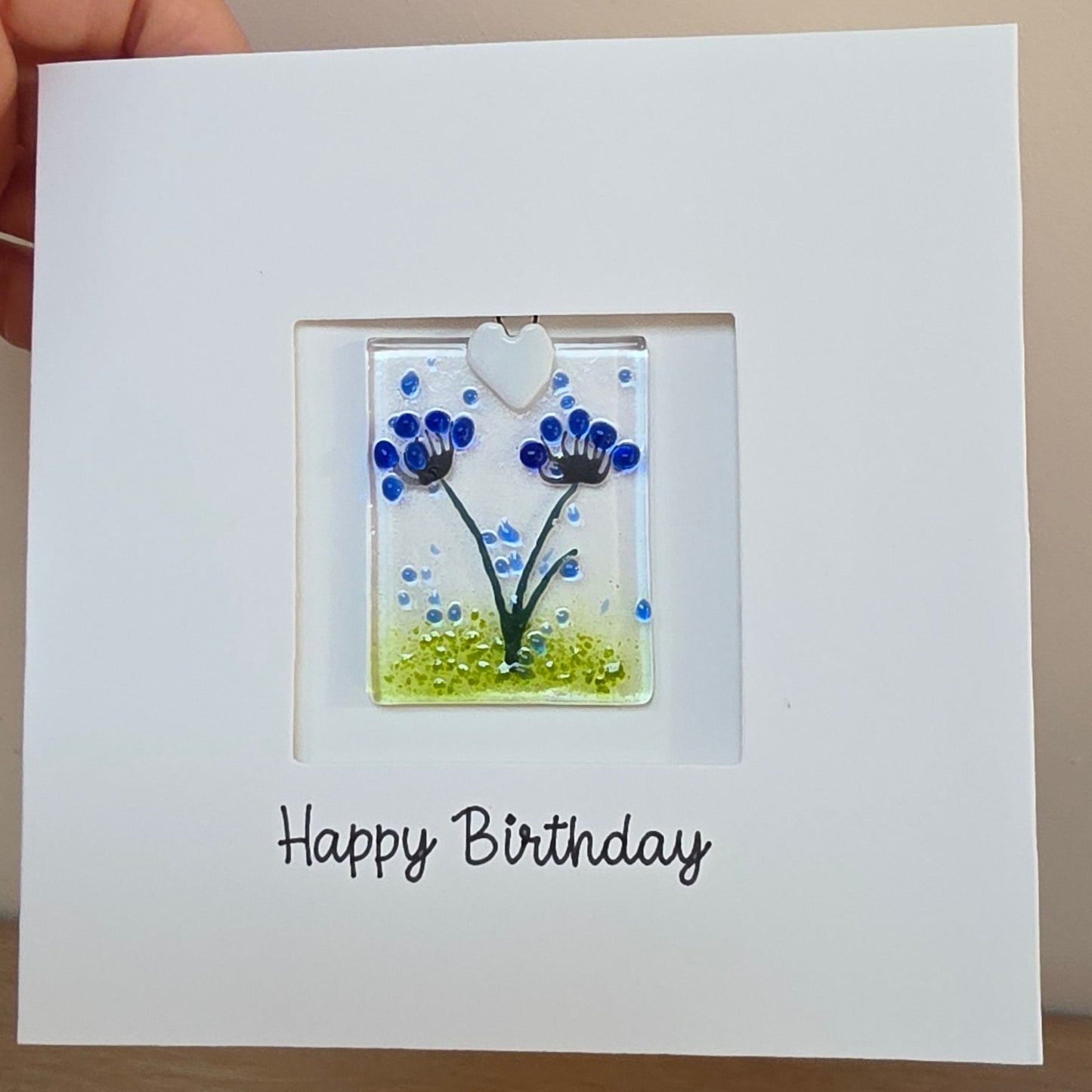 Happy Birthday card with handmade gift glass floral suncatcher -Agapanthus rectangle