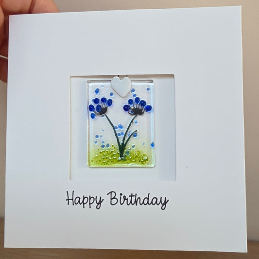Happy Birthday card with handmade gift glass floral suncatcher -Agapanthus rectangle