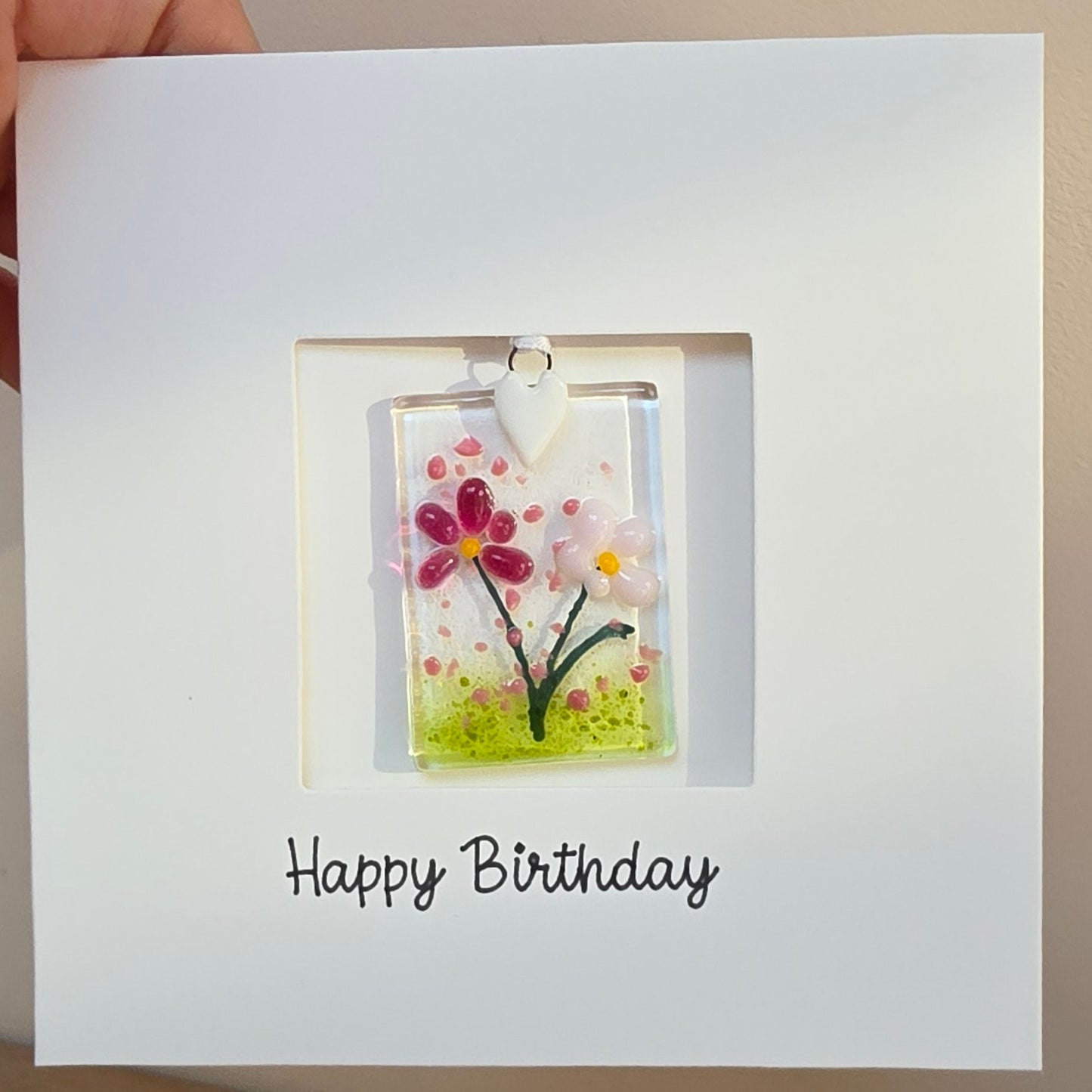 Happy Birthday card with handmade gift glass floral suncatcher -Pinks rectangle 1