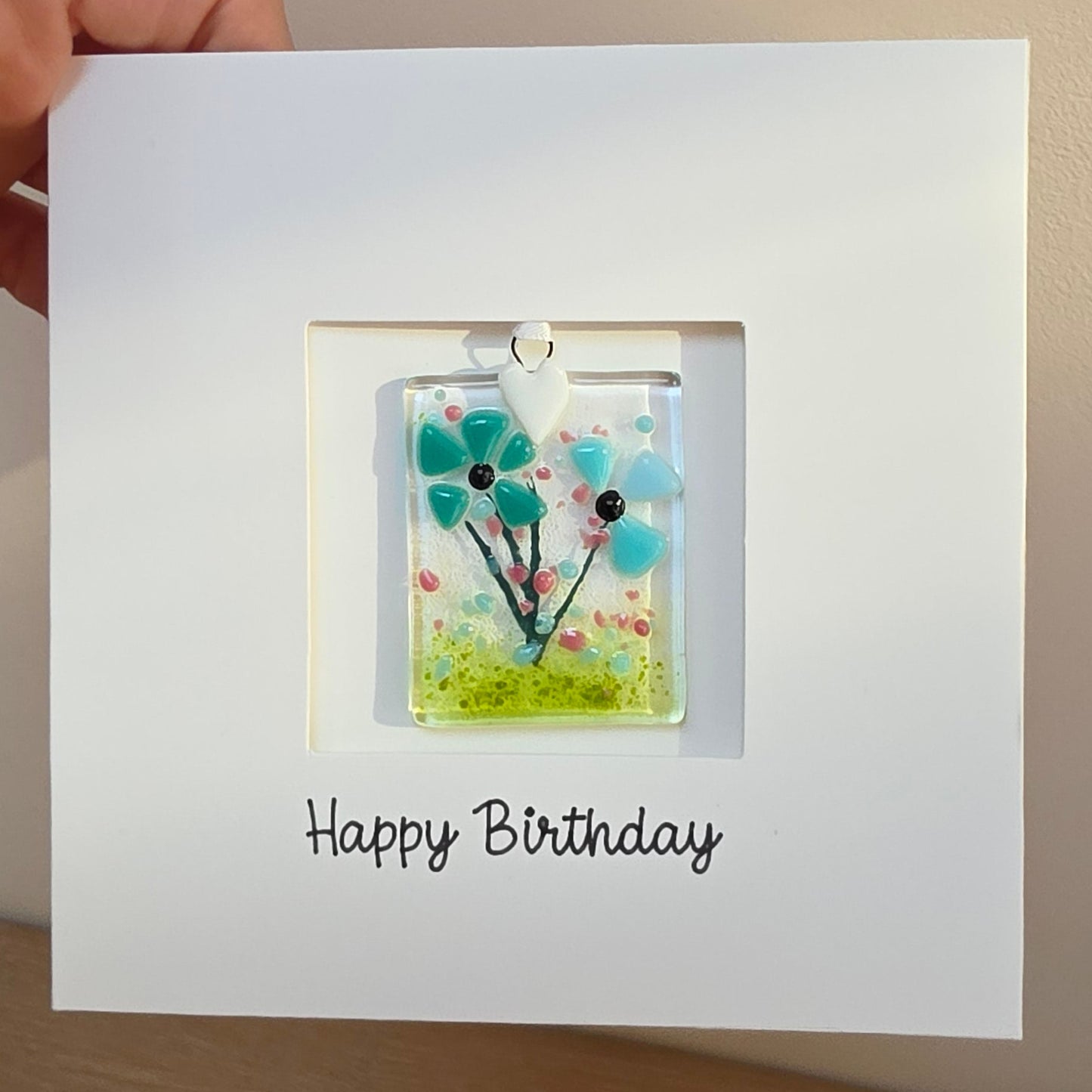 Happy Birthday card with handmade gift glass floral suncatcher -Blues rectangle
