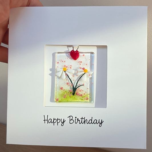 Happy Birthday card with handmade gift glass floral suncatcher -Daisies rectangle