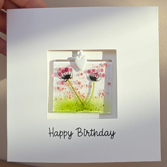 Happy Birthday card with handmade gift glass floral suncatcher - Pink Agapanthus square