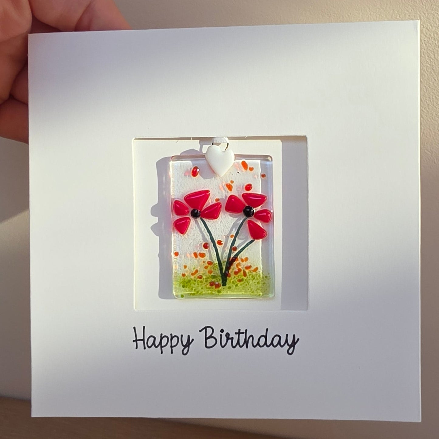 Happy Birthday card with handmade gift glass floral suncatcher - Poppies rectangular