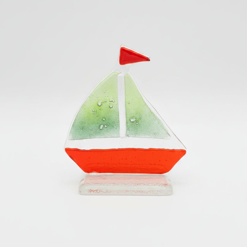 Little sailboat - handmade fused glass ornament Green