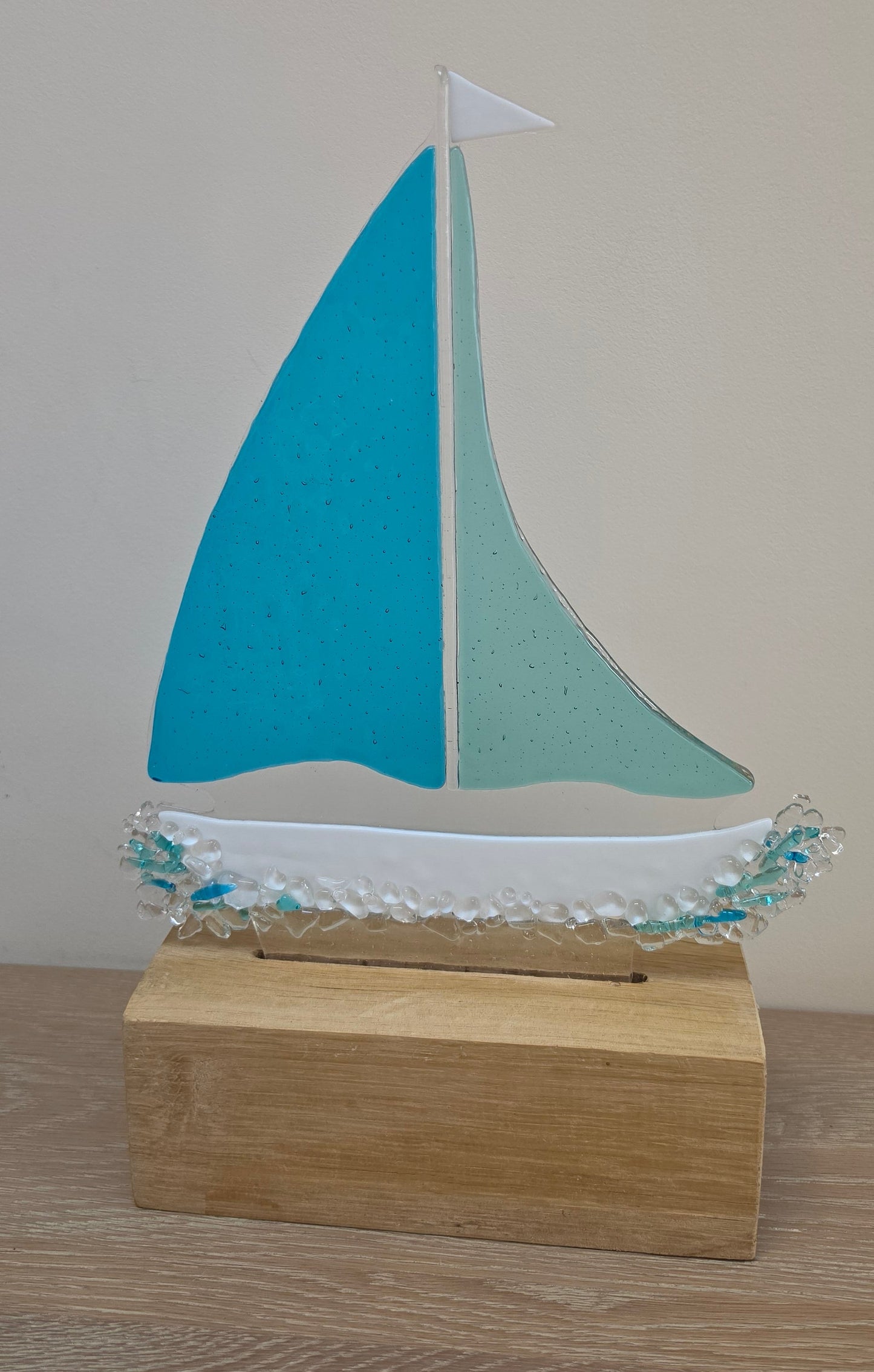 Sea Blues Sailboat handmade fused glass decorative art