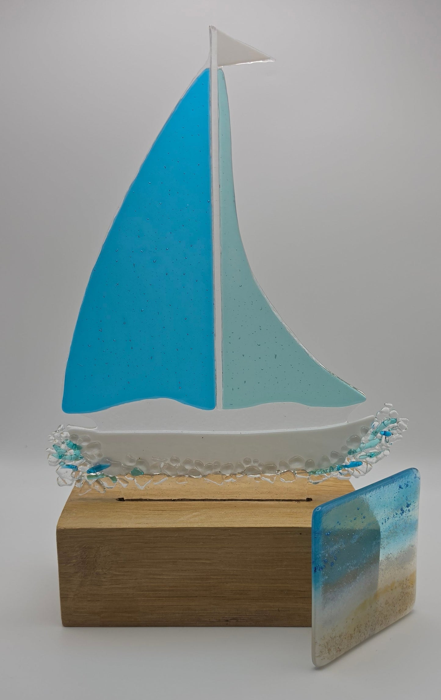 Sea Blues Sailboat handmade fused glass decorative art