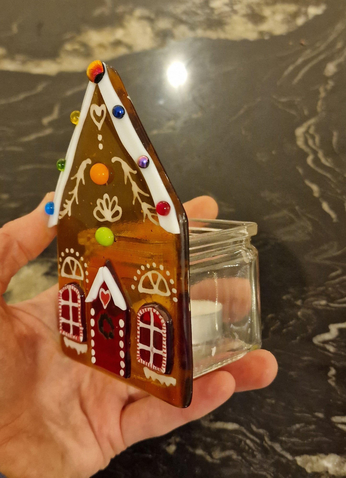 Fused Glass Gingerbread house decoration, Fused Glass Christmas decoration, candle holder