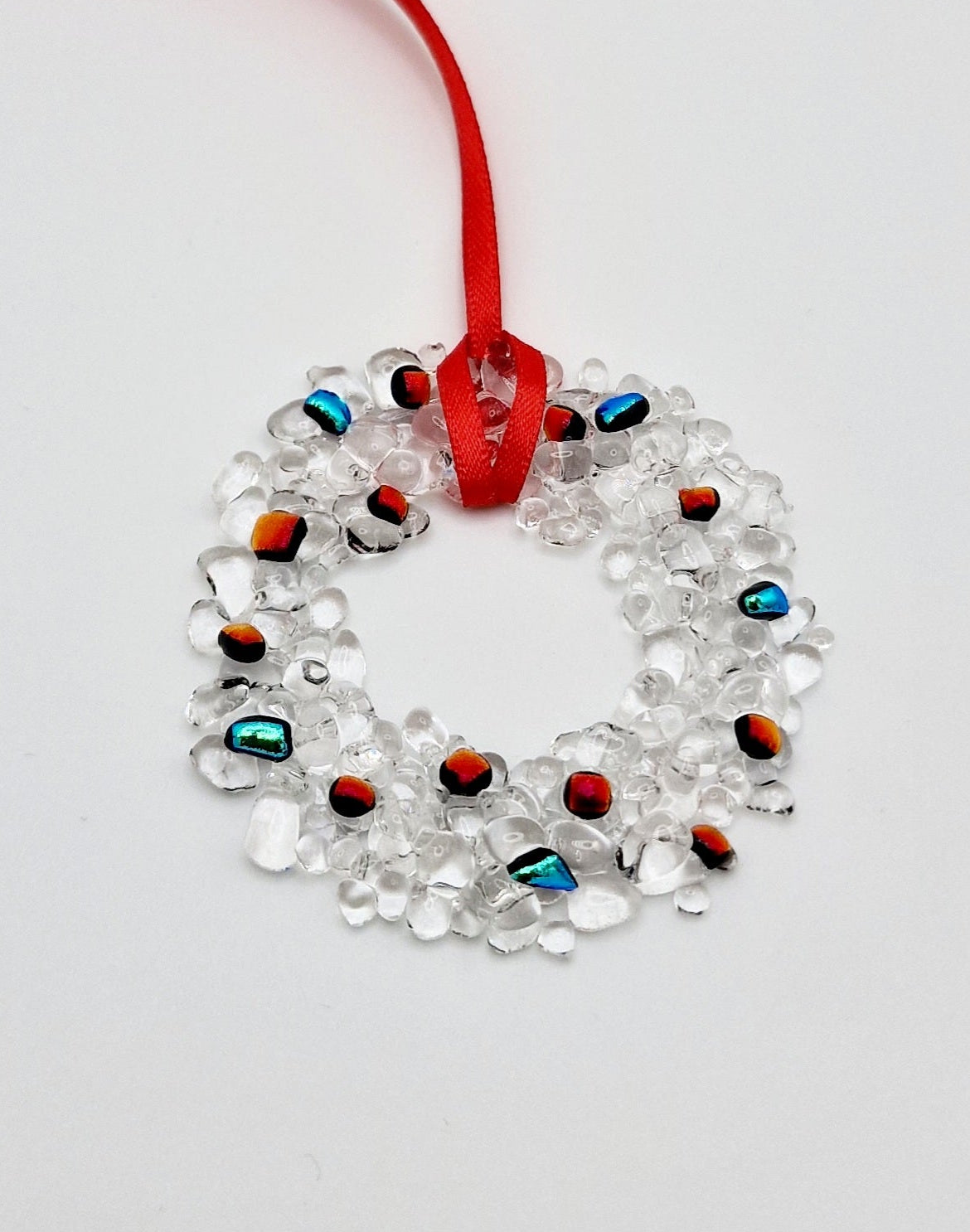 Small fused glass wreath with red and emerald